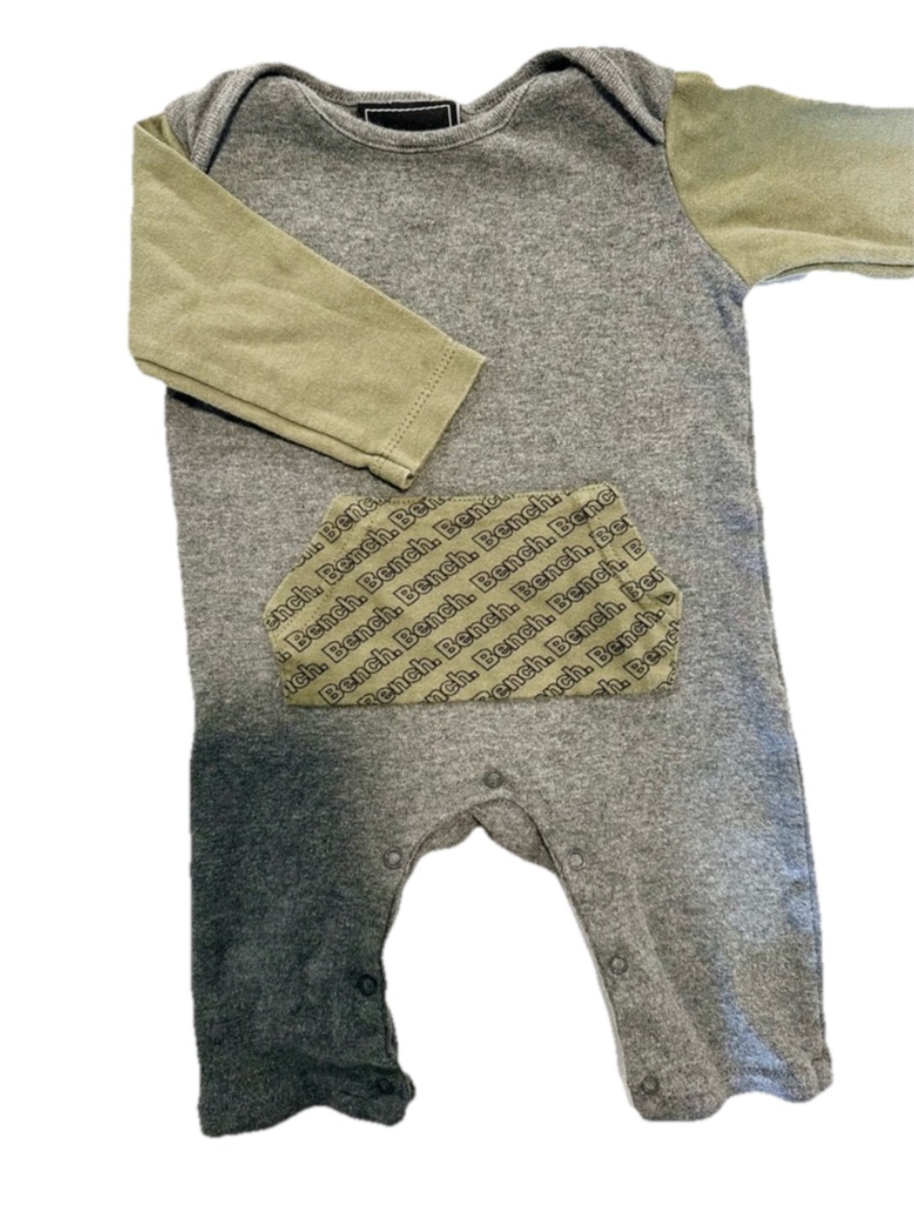Bench Grey Body Olive Sleeve Baby Romper with Logo Pocket